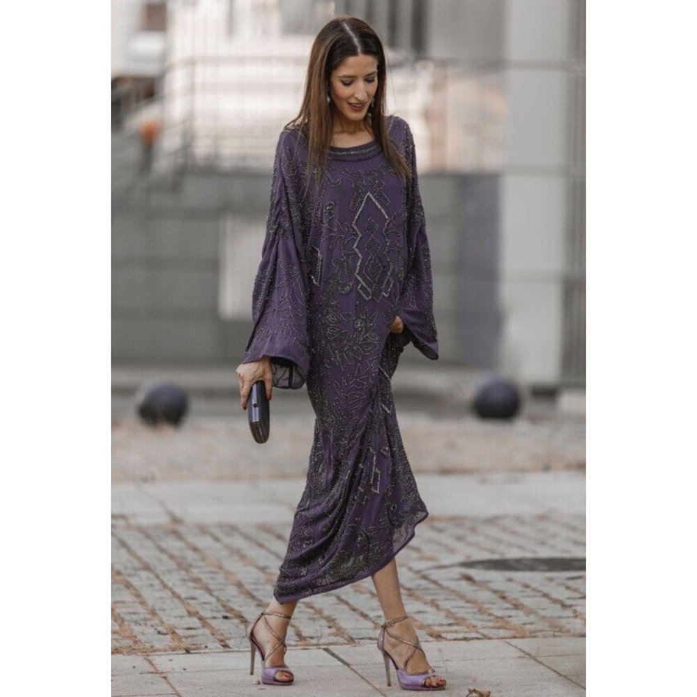 ZARA Limited Edition Purple Silver Metallic Geometric Beaded Kaftan Dress NWT